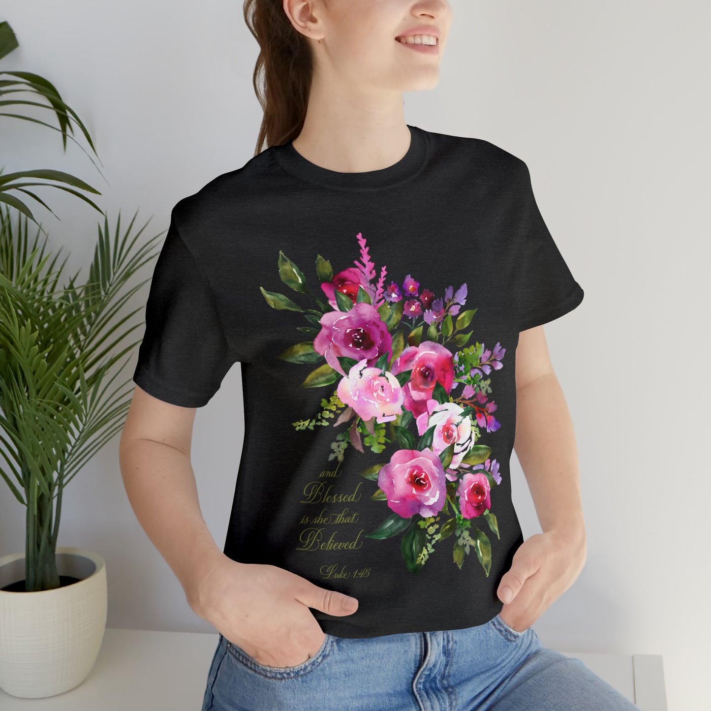 Ladies Floral Watercolor Short Sleeve Tee "Blessed is She"
