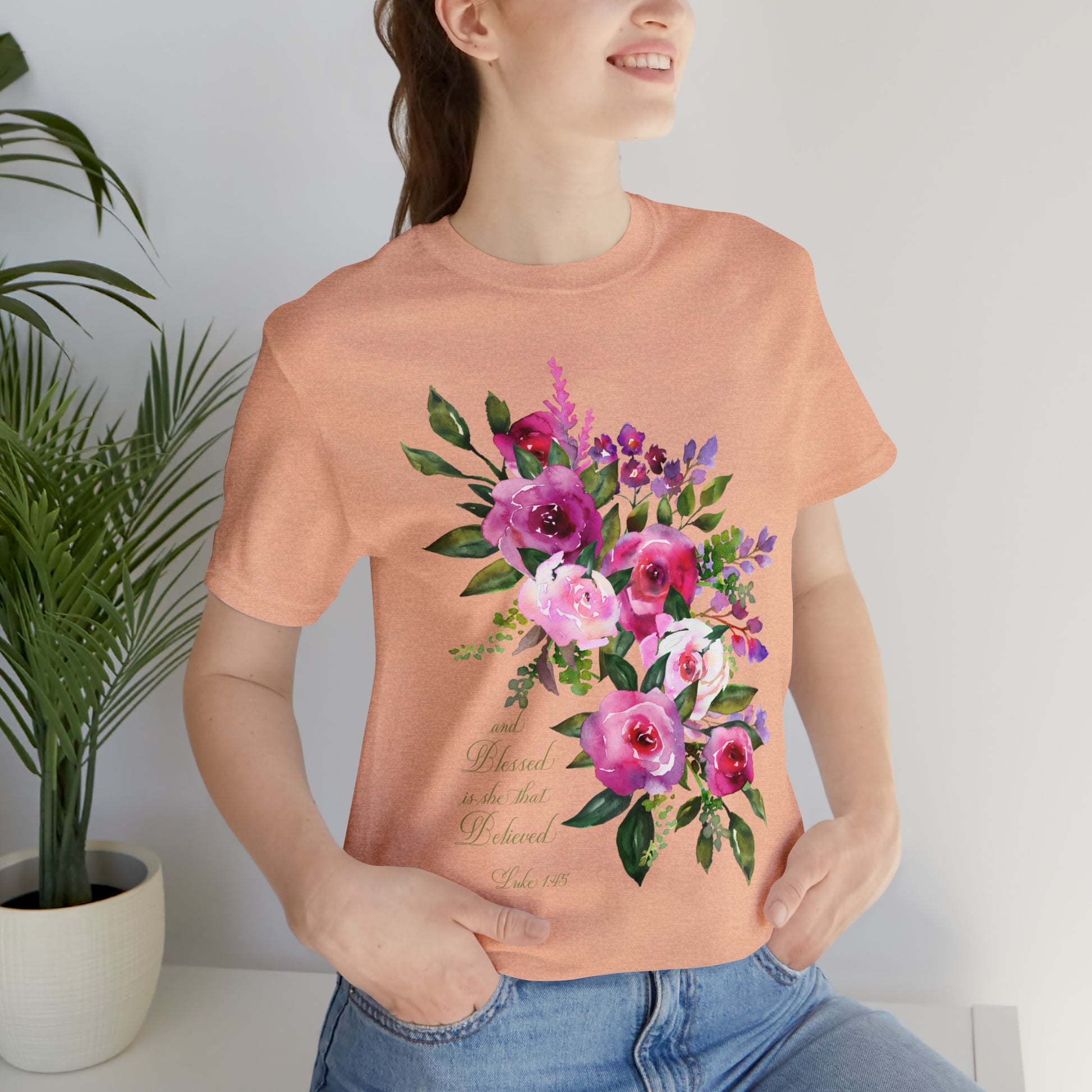 Ladies Floral Watercolor Short Sleeve Tee "Blessed is She"