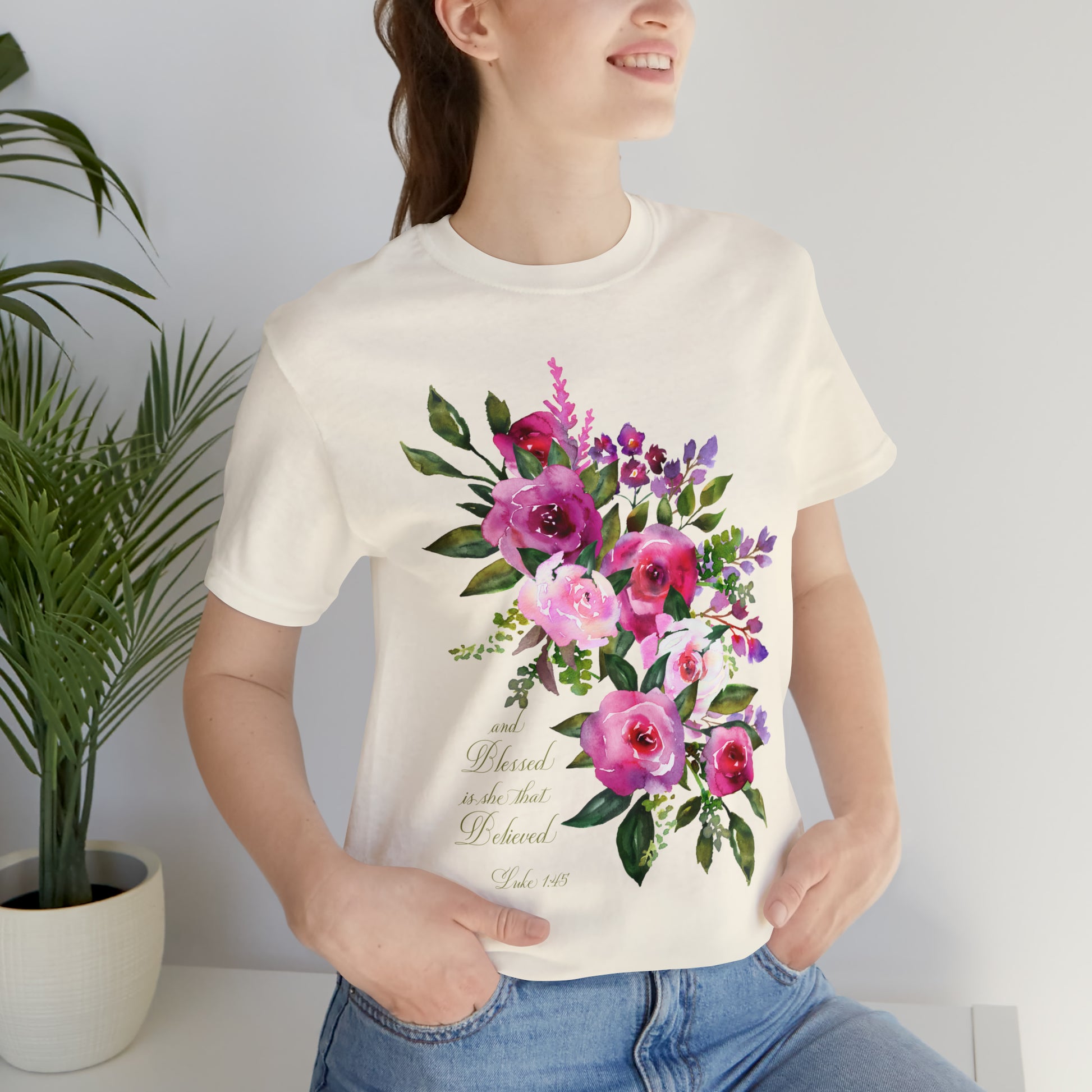 Ladies Floral Watercolor Short Sleeve Tee "Blessed is She"