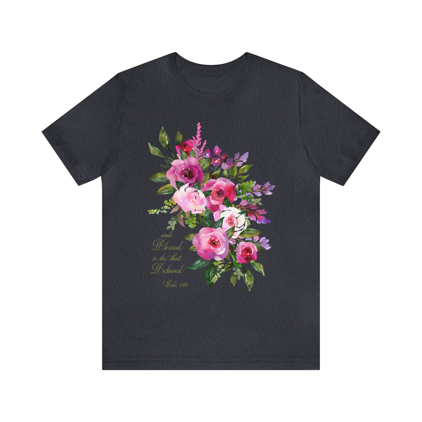 Ladies Floral Watercolor Short Sleeve Tee "Blessed is She"