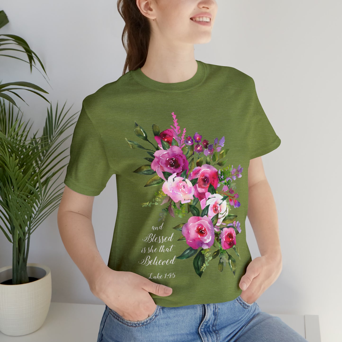 Ladies Floral Watercolor Short Sleeve Tee "Blessed is She"