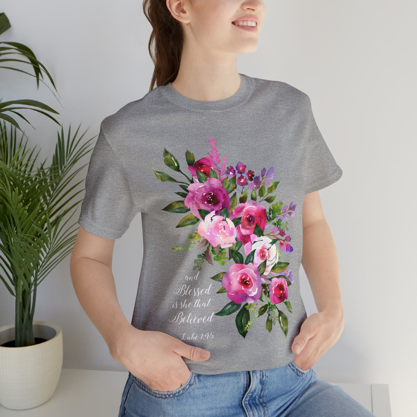 Ladies Floral Watercolor Short Sleeve Tee "Blessed is She"