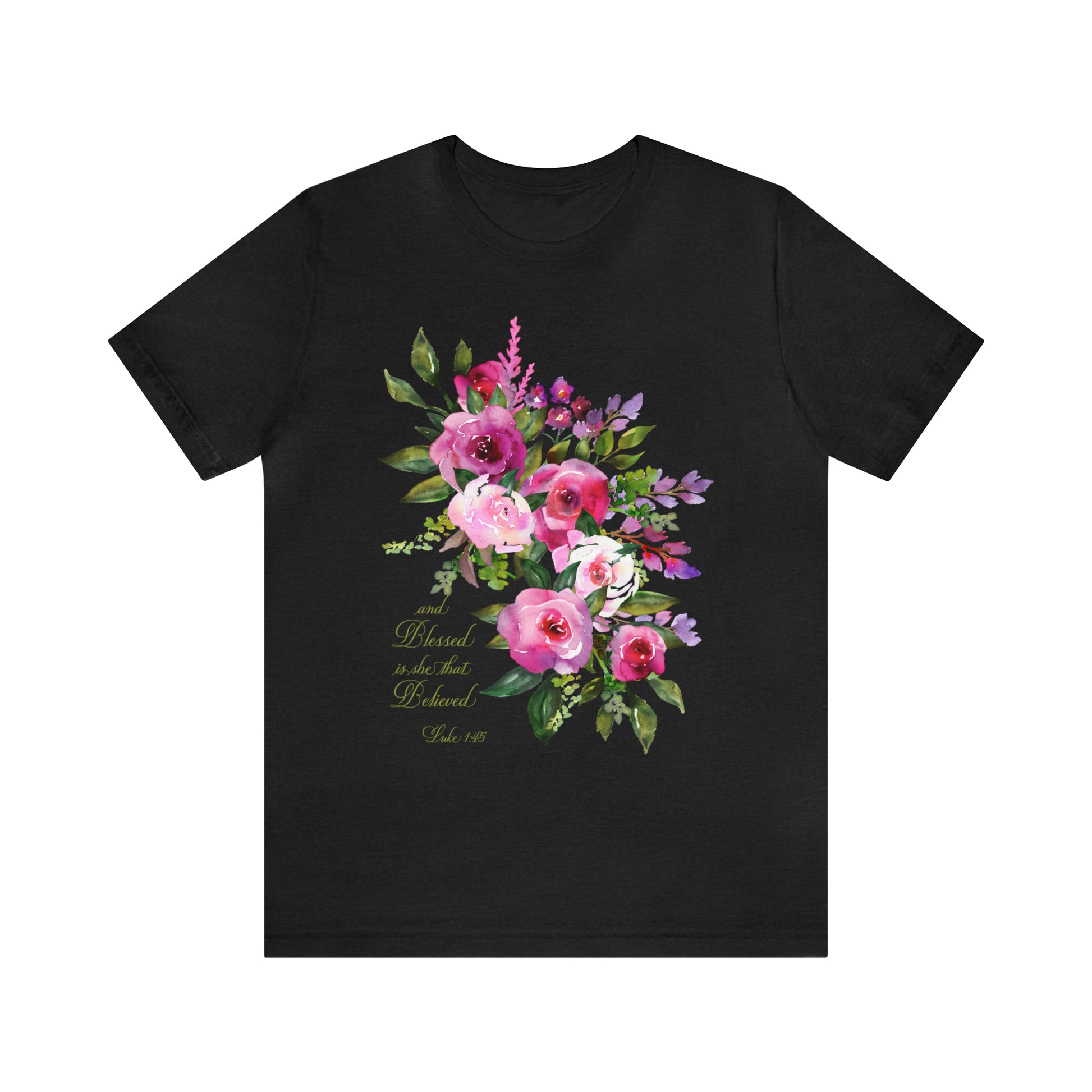 Ladies Floral Watercolor Short Sleeve Tee "Blessed is She"