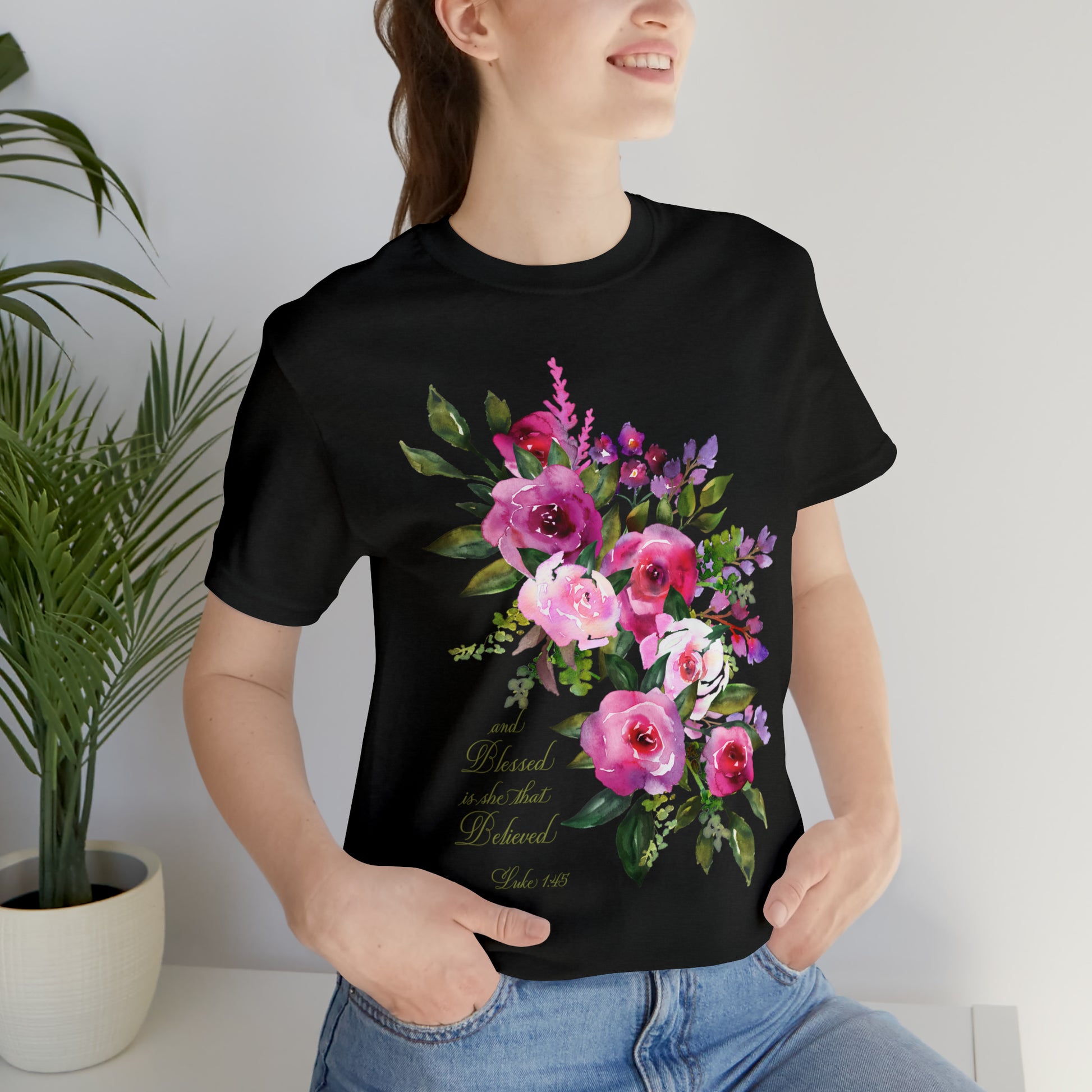 Ladies Floral Watercolor Short Sleeve Tee "Blessed is She"