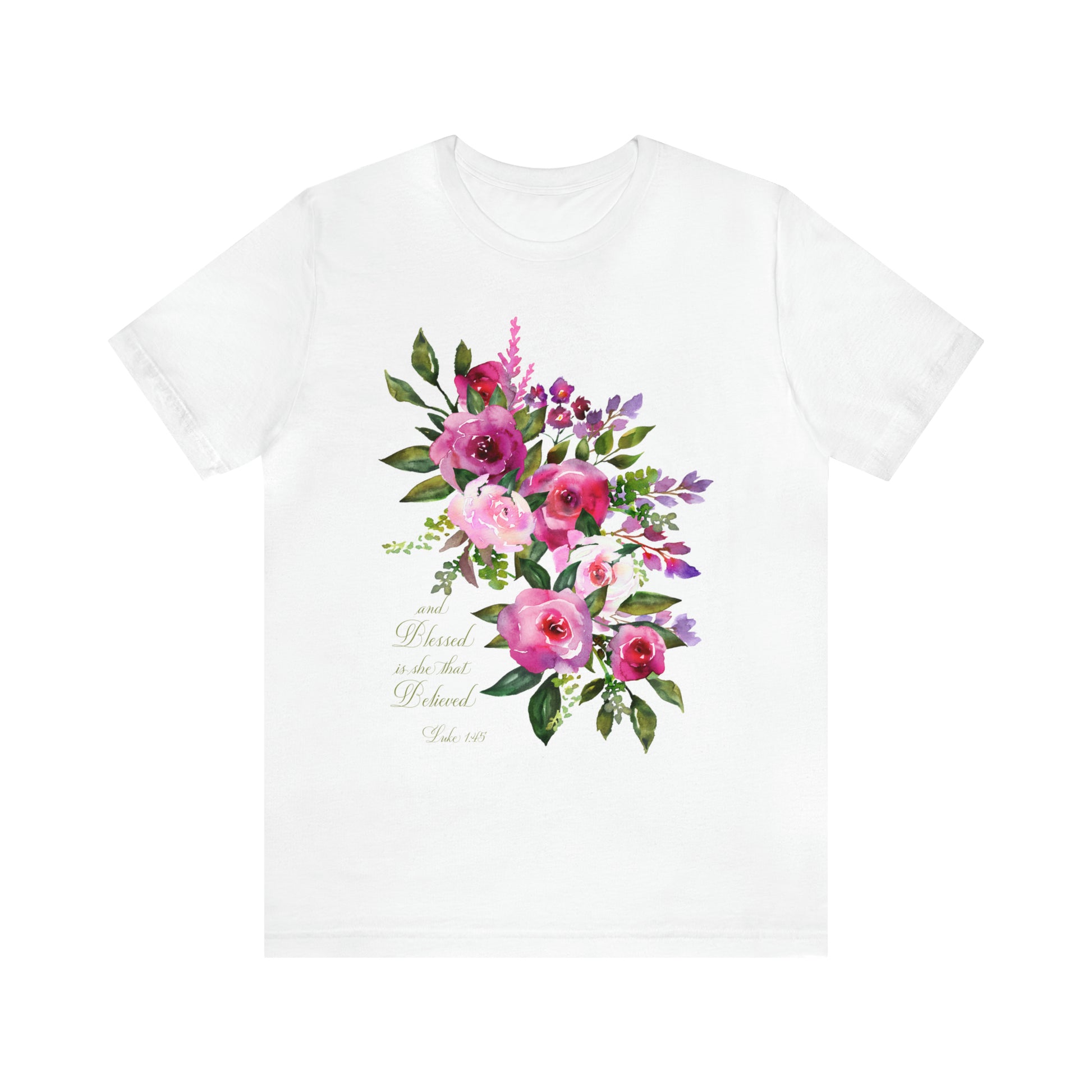 Ladies Floral Watercolor Short Sleeve Tee "Blessed is She"