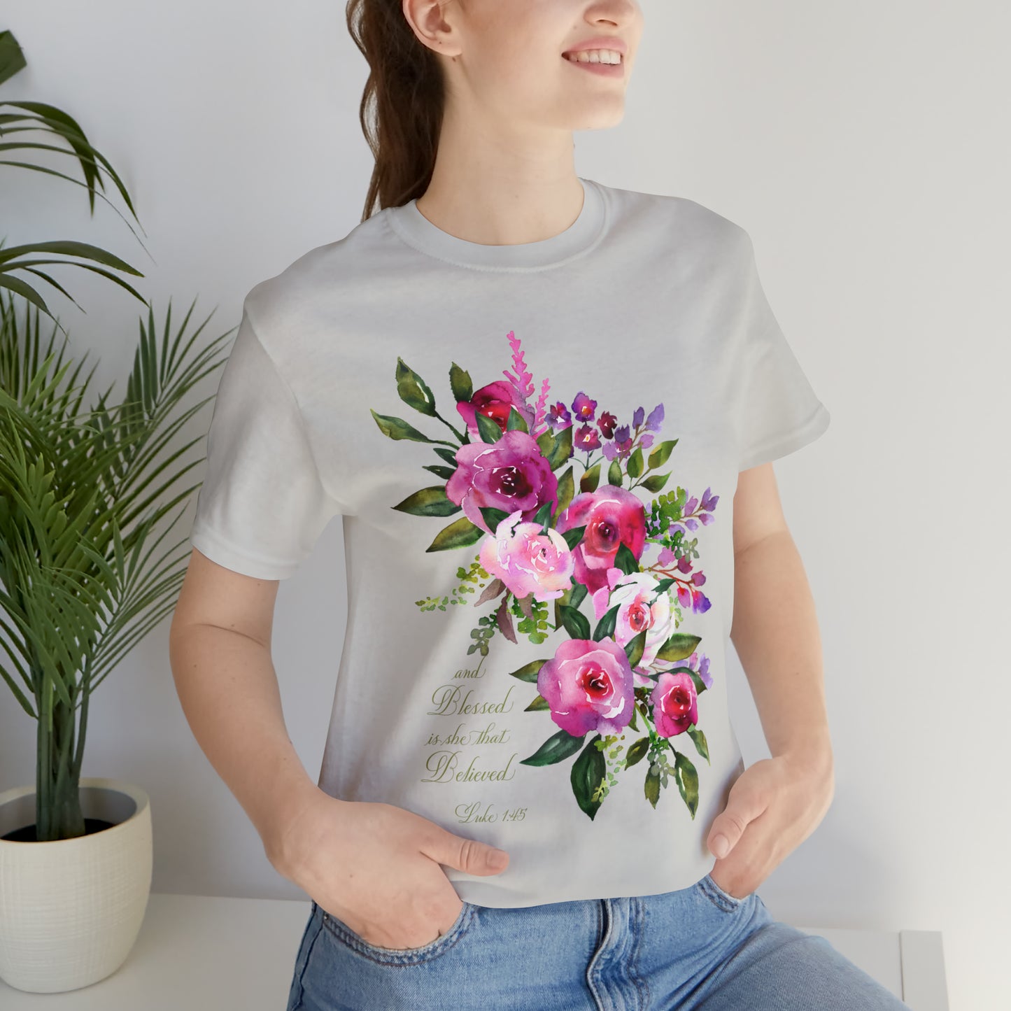 Ladies Floral Watercolor Short Sleeve Tee "Blessed is She"