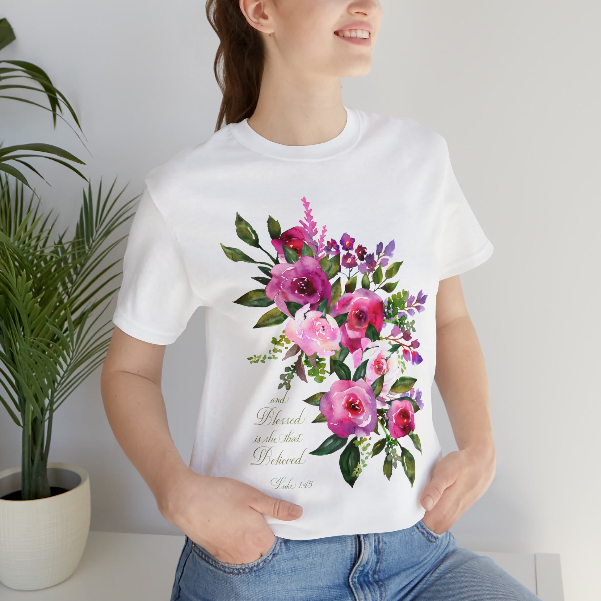Ladies Floral Watercolor Short Sleeve Tee "Blessed is She"
