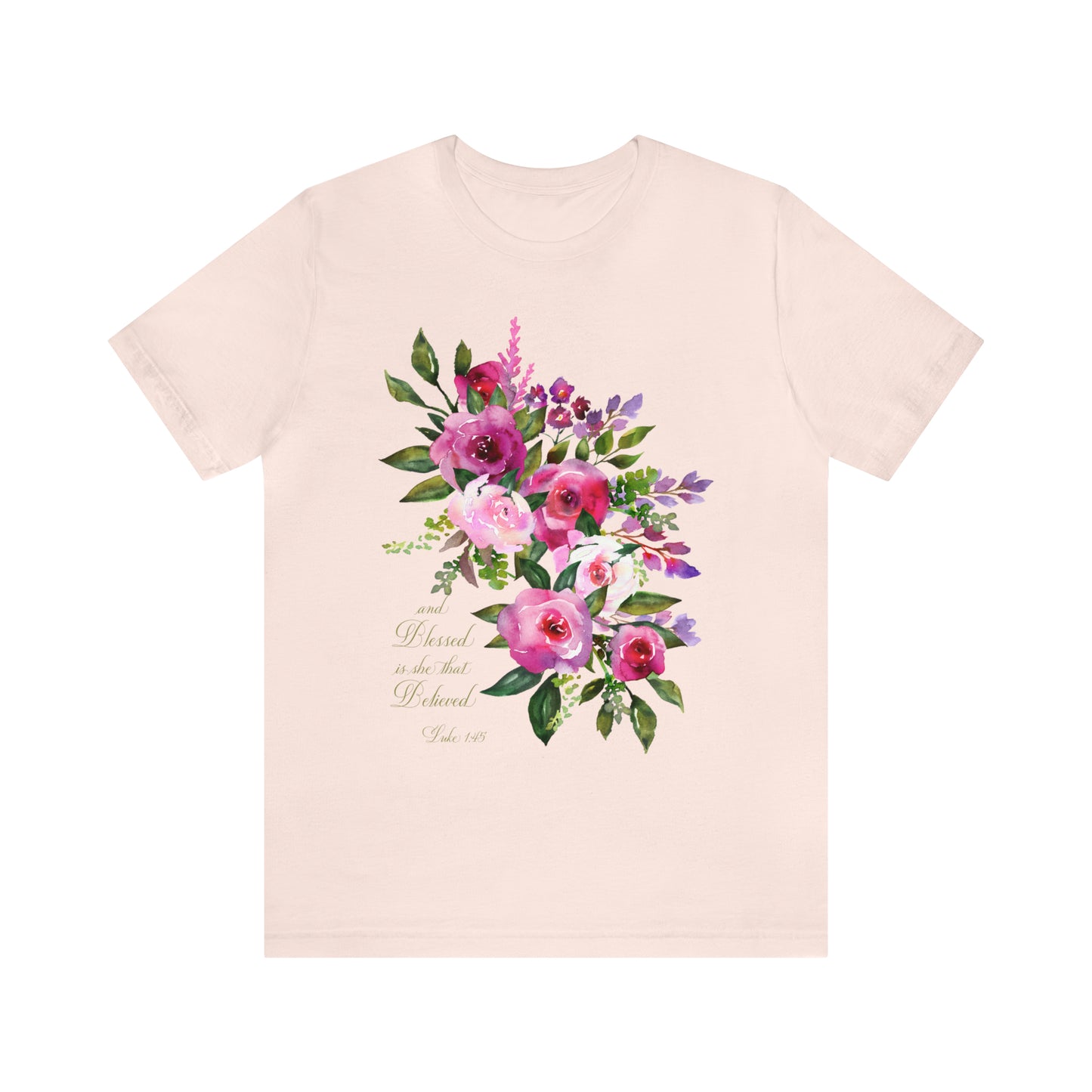 Ladies Floral Watercolor Short Sleeve Tee "Blessed is She"