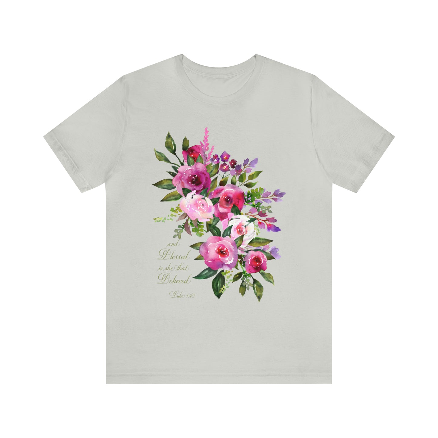 Ladies Floral Watercolor Short Sleeve Tee "Blessed is She"