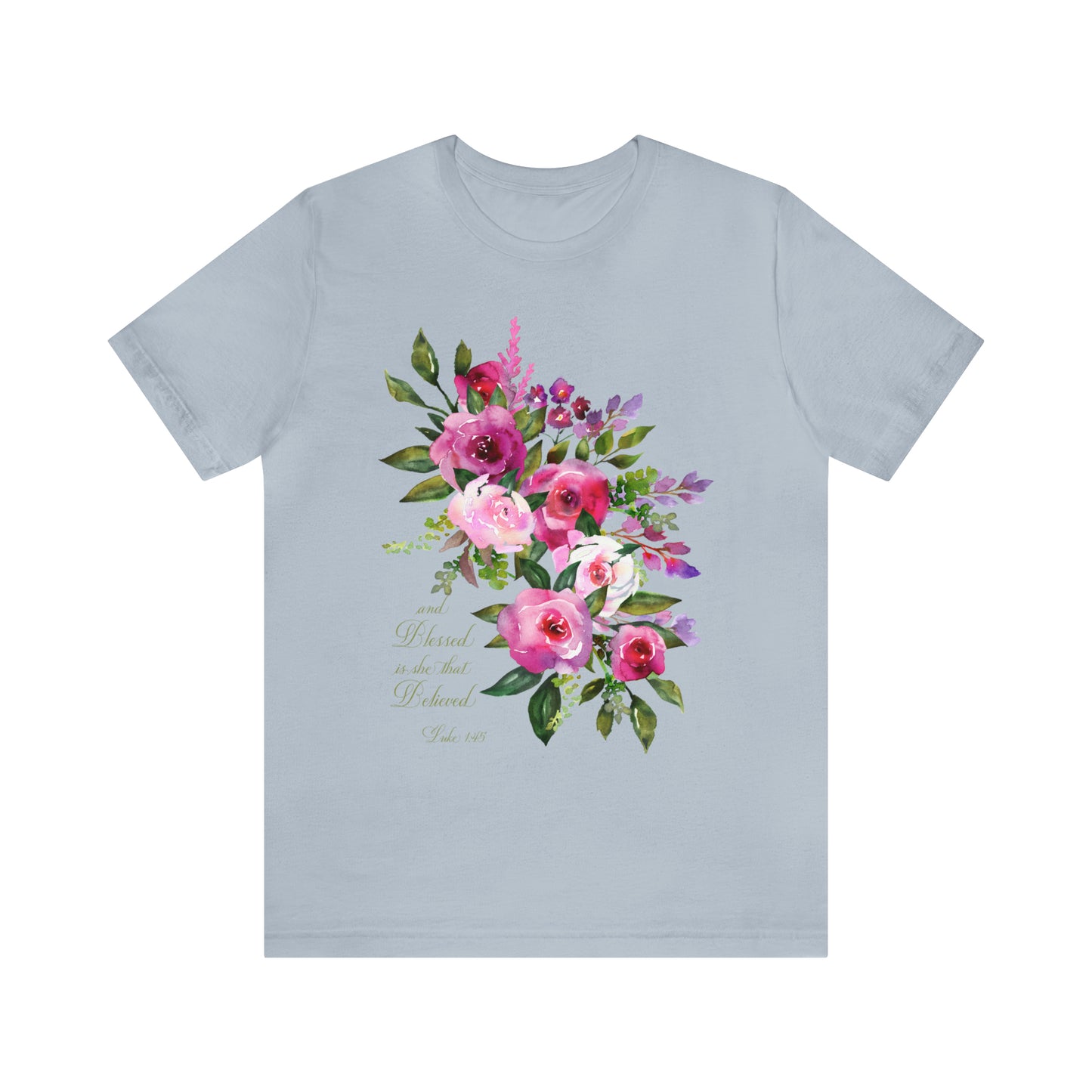 Ladies Floral Watercolor Short Sleeve Tee "Blessed is She"