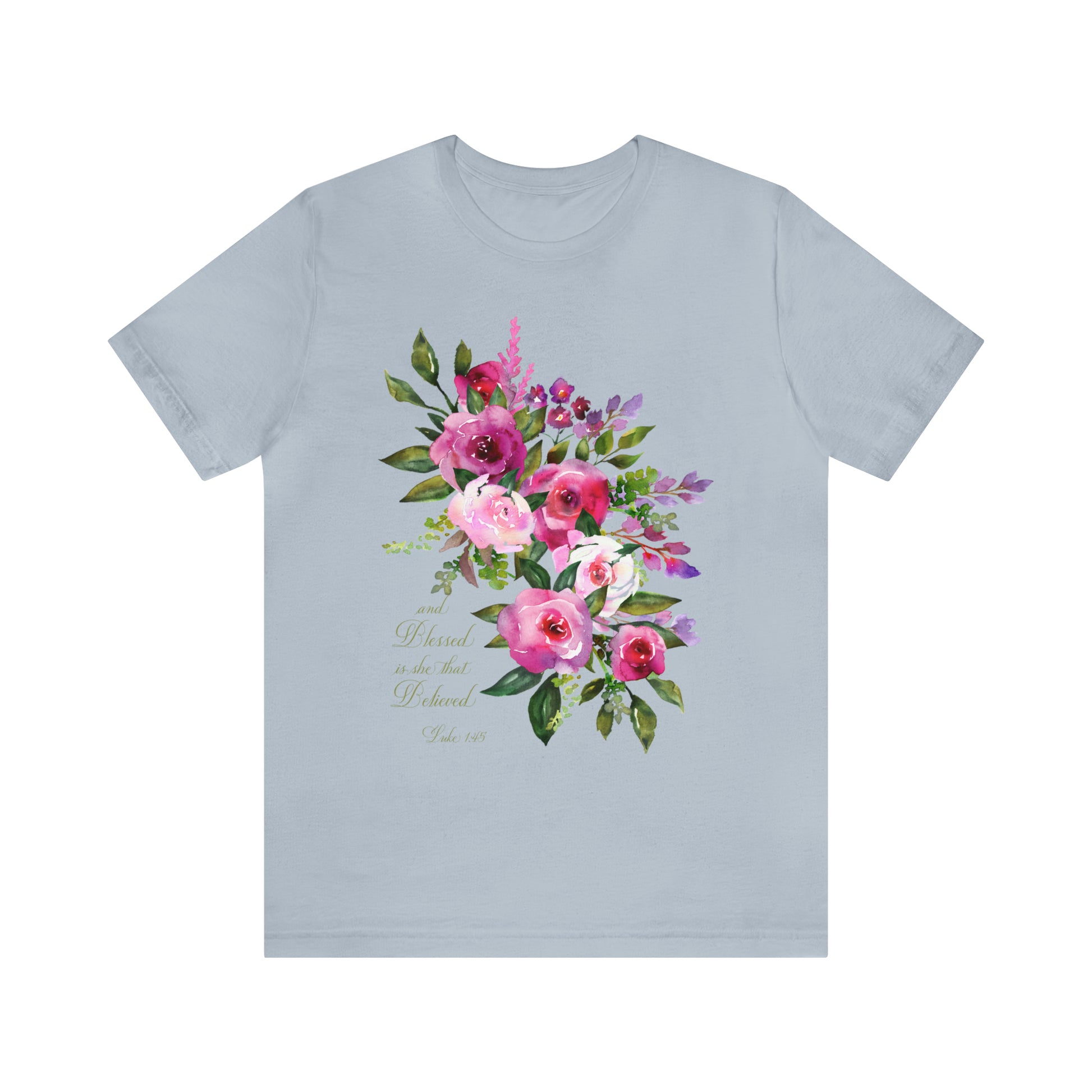 Ladies Floral Watercolor Short Sleeve Tee "Blessed is She"
