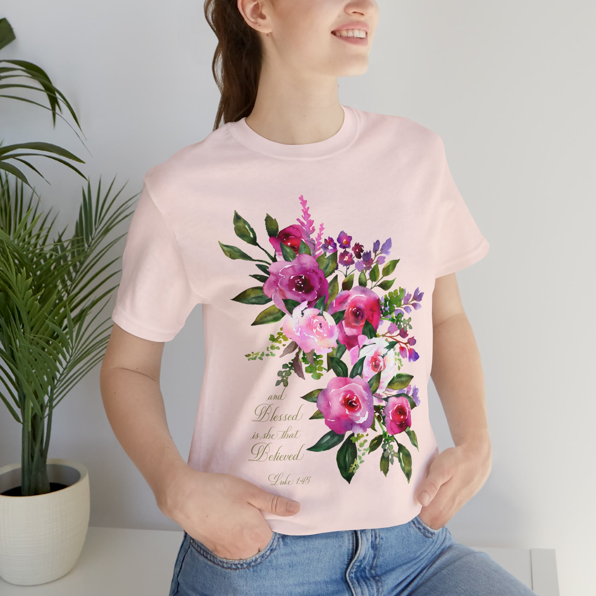 Ladies Floral Watercolor Short Sleeve Tee "Blessed is She"