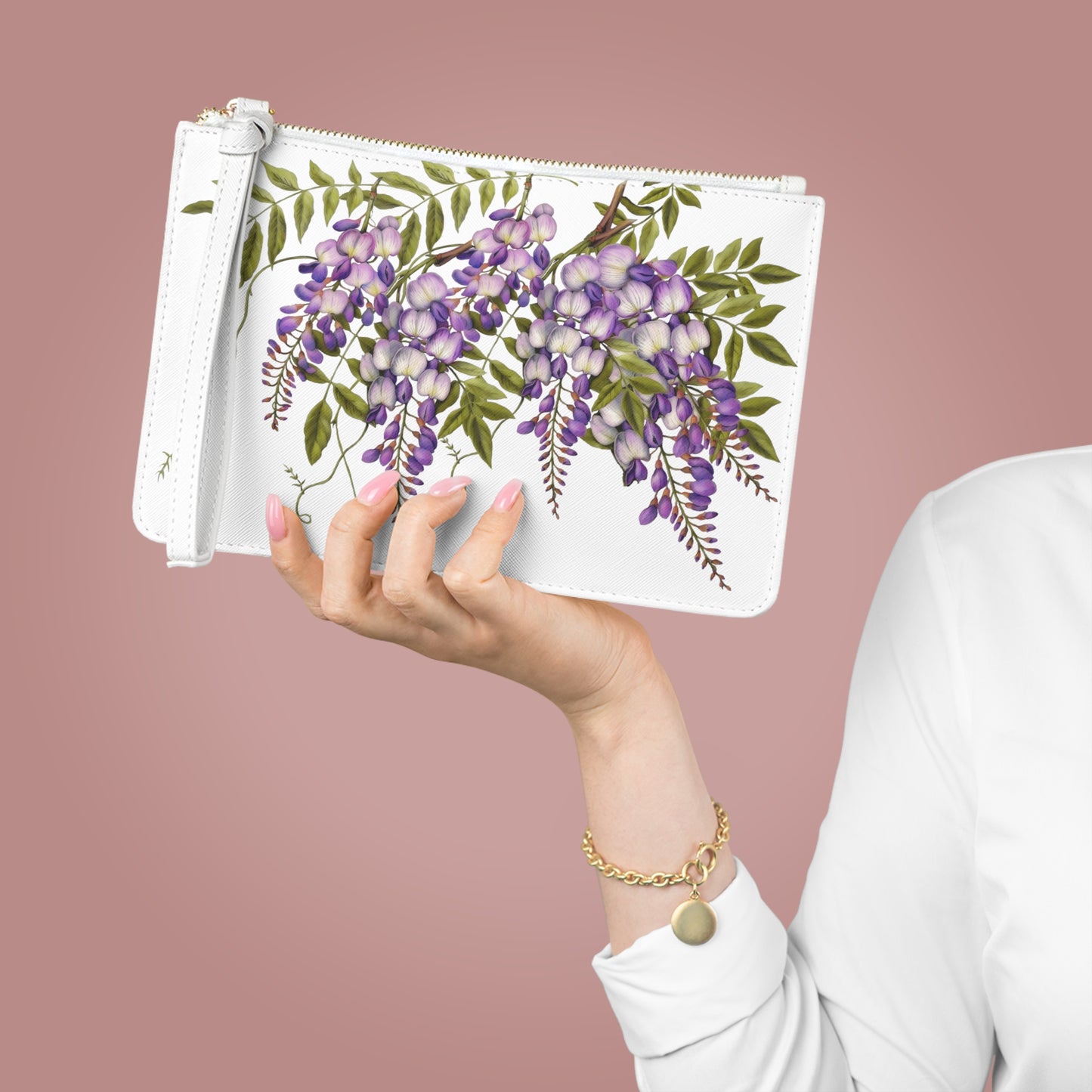 Wisteria on White Clutch Bag
