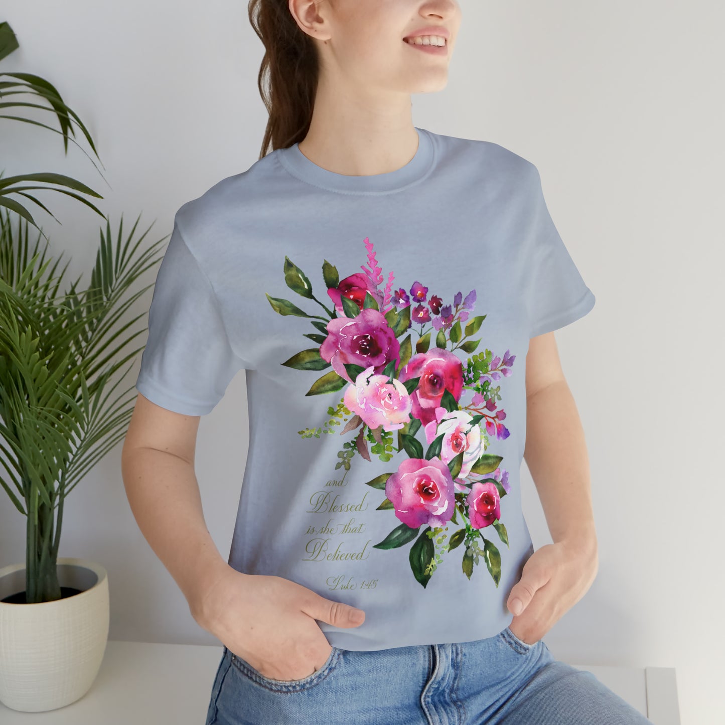 Ladies Floral Watercolor Short Sleeve Tee "Blessed is She"
