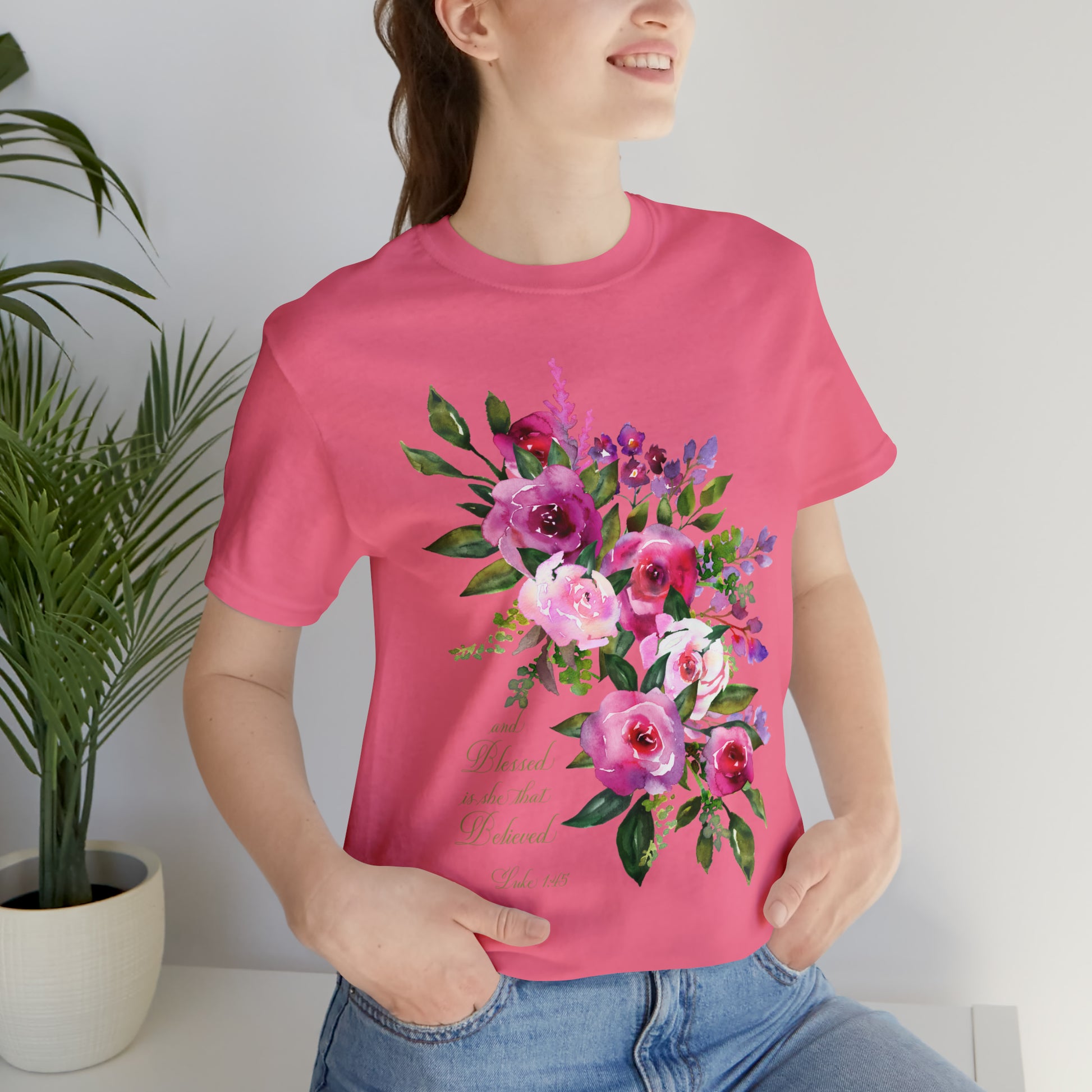 Ladies Floral Watercolor Short Sleeve Tee "Blessed is She"