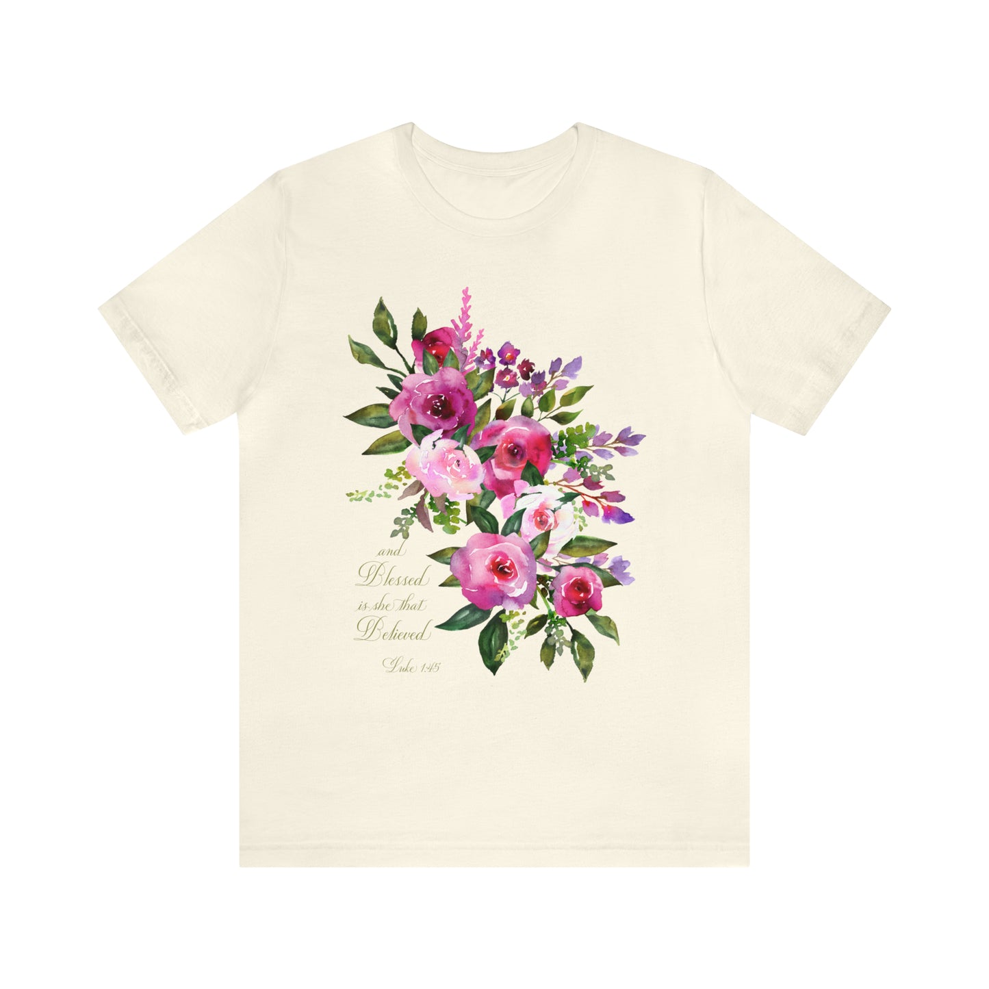 Ladies Floral Watercolor Short Sleeve Tee "Blessed is She"