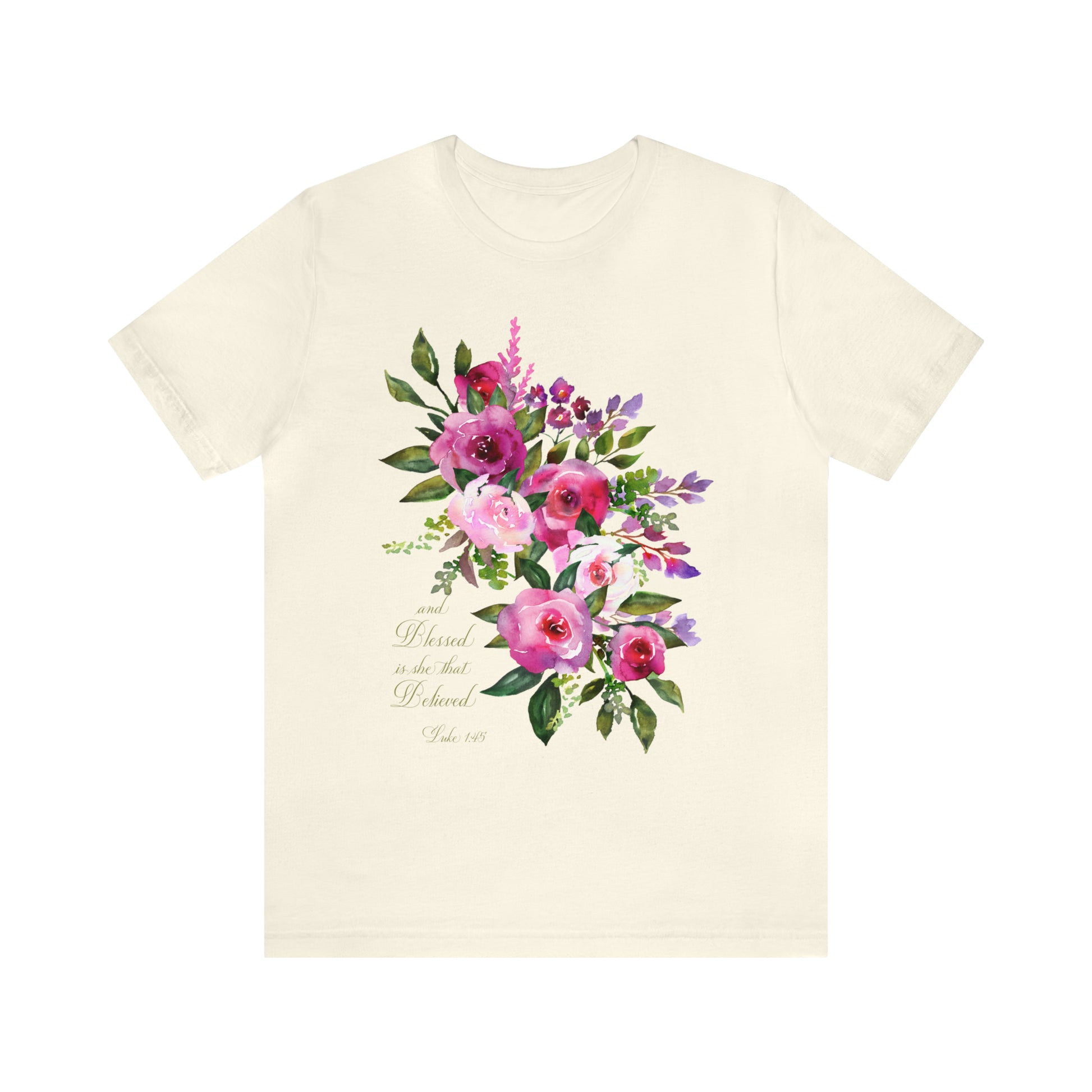Ladies Floral Watercolor Short Sleeve Tee "Blessed is She"