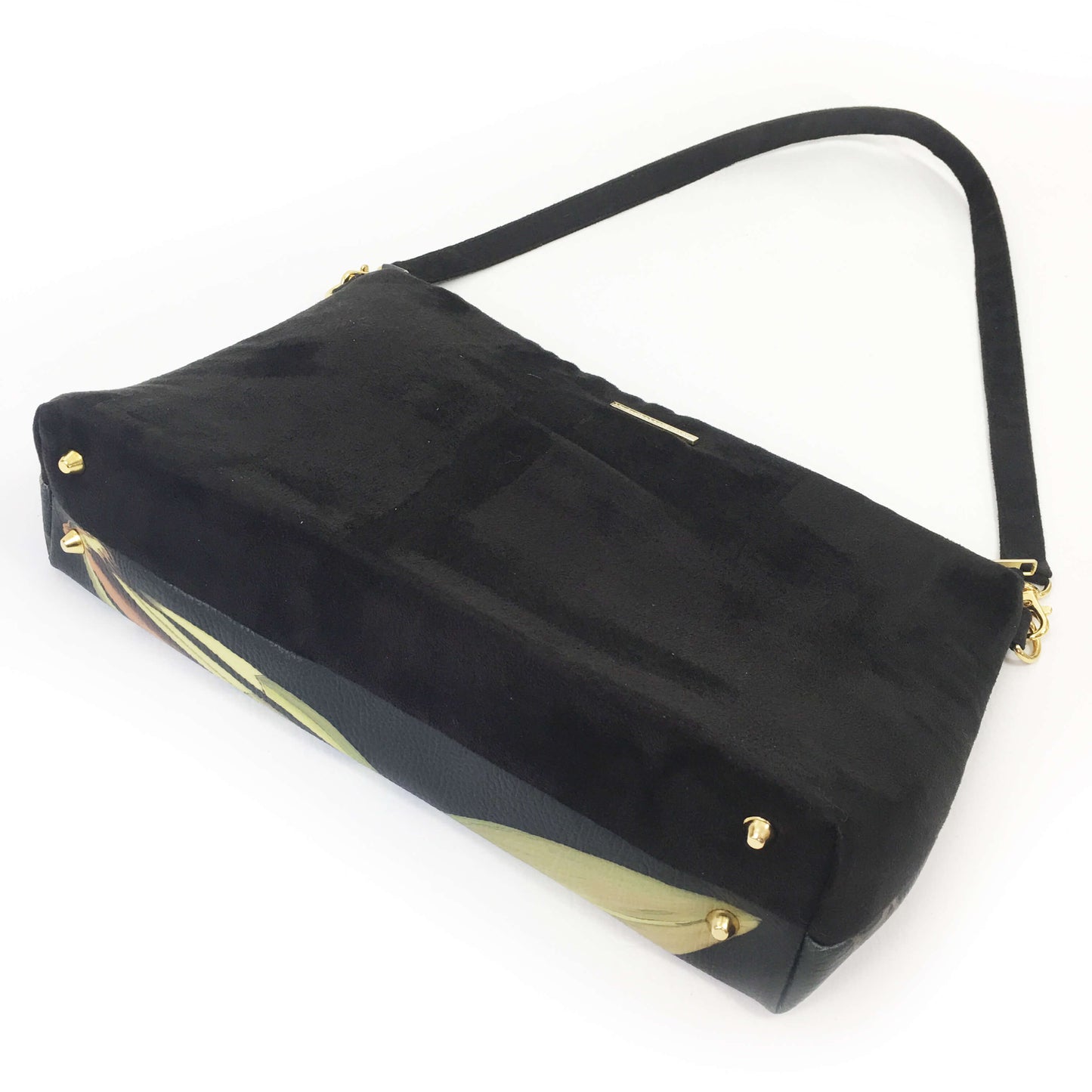 Orchids on Black Zip Top Shoulder Bag - Vegan Leather/ Suede - UndertheLeafDesigns.com