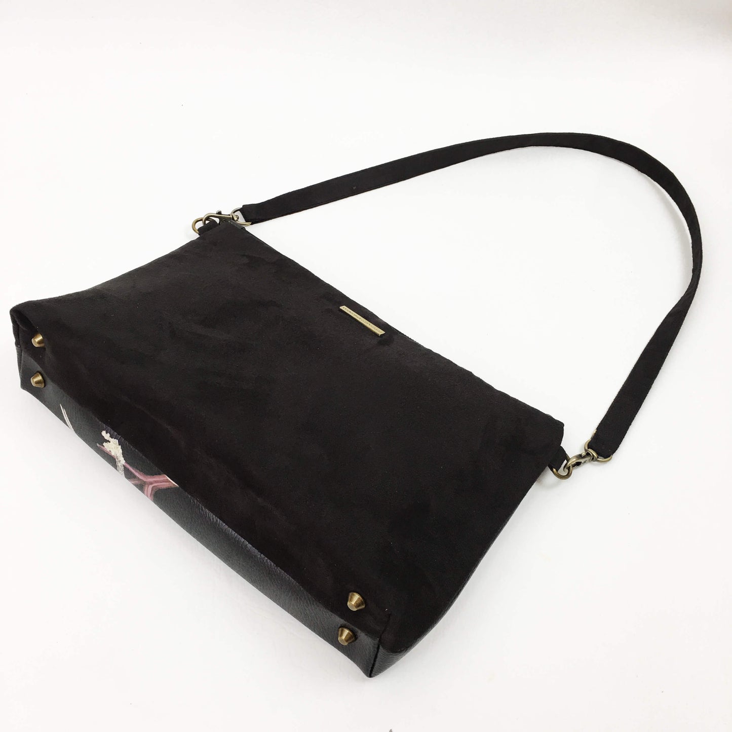 White Peonies and Hummingbird Zip Top Shoulder Bag - Vegan Leather/ Suede - UndertheLeafDesigns.com