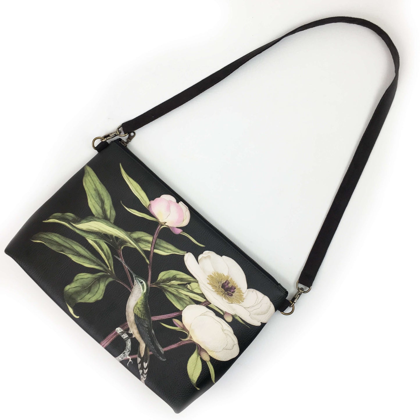 White Peonies and Hummingbird Zip Top Shoulder Bag - Vegan Leather/ Suede - UndertheLeafDesigns.com