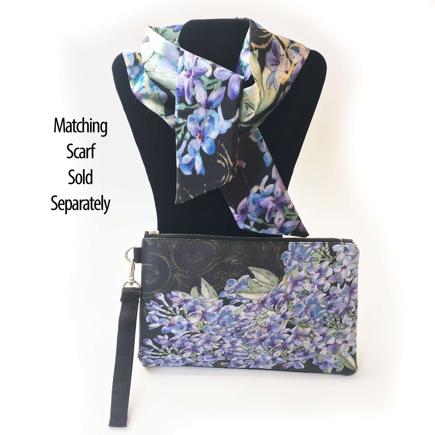 Lilacs on Black Wristlet - vegan leather/suede - UndertheLeafDesigns.com
