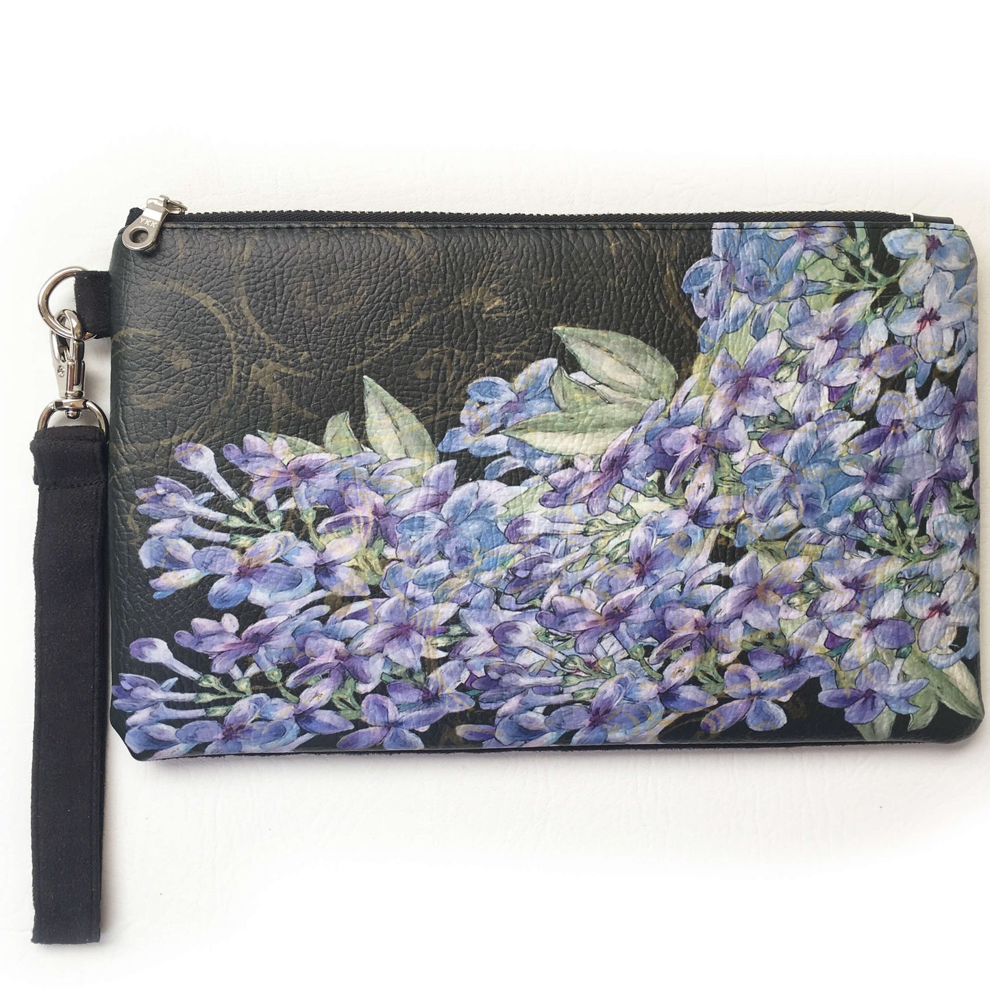 Lilacs on Black Wristlet - vegan leather/suede - UndertheLeafDesigns.com