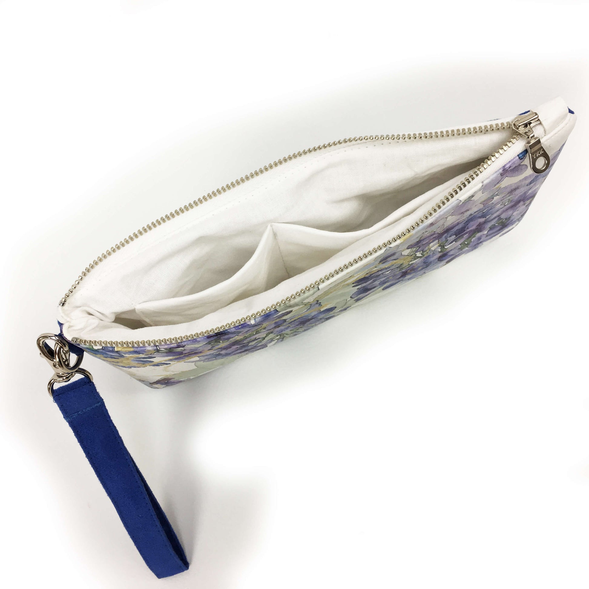 Lilacs on White Wristlet - VeganLeather/Suede - UndertheLeafDesigns.com