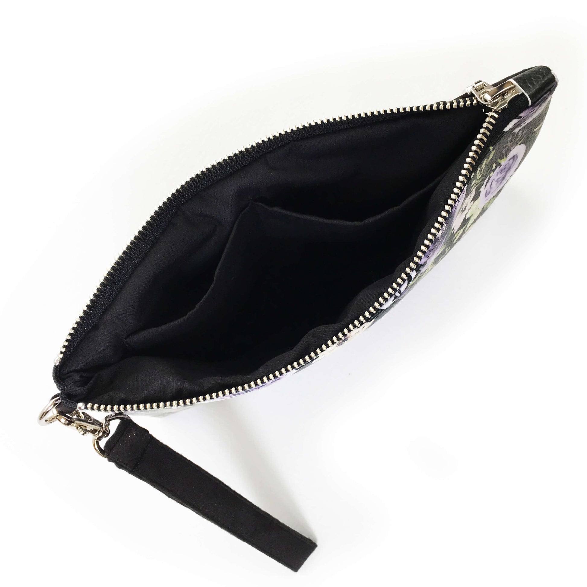Watercolor mixed floral on black wristlet - vegan leather/suede - UndertheLeafDesigns.com