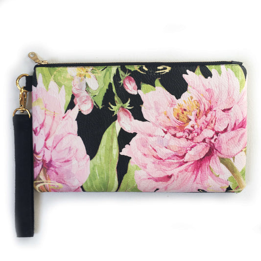 Magenta Watercolor Peony Wristlet - vegan leather/suede - UndertheLeafDesigns.com