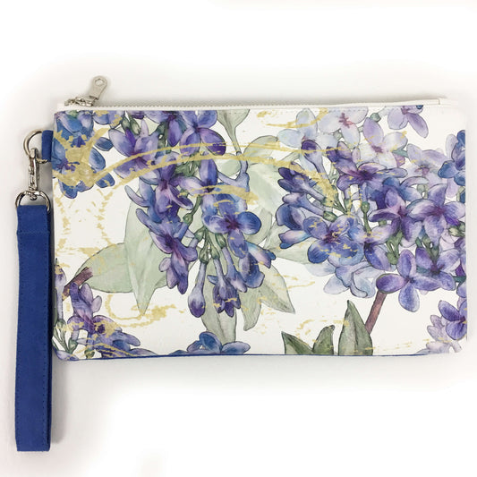 Lilacs on White Wristlet - VeganLeather/Suede - UndertheLeafDesigns.com