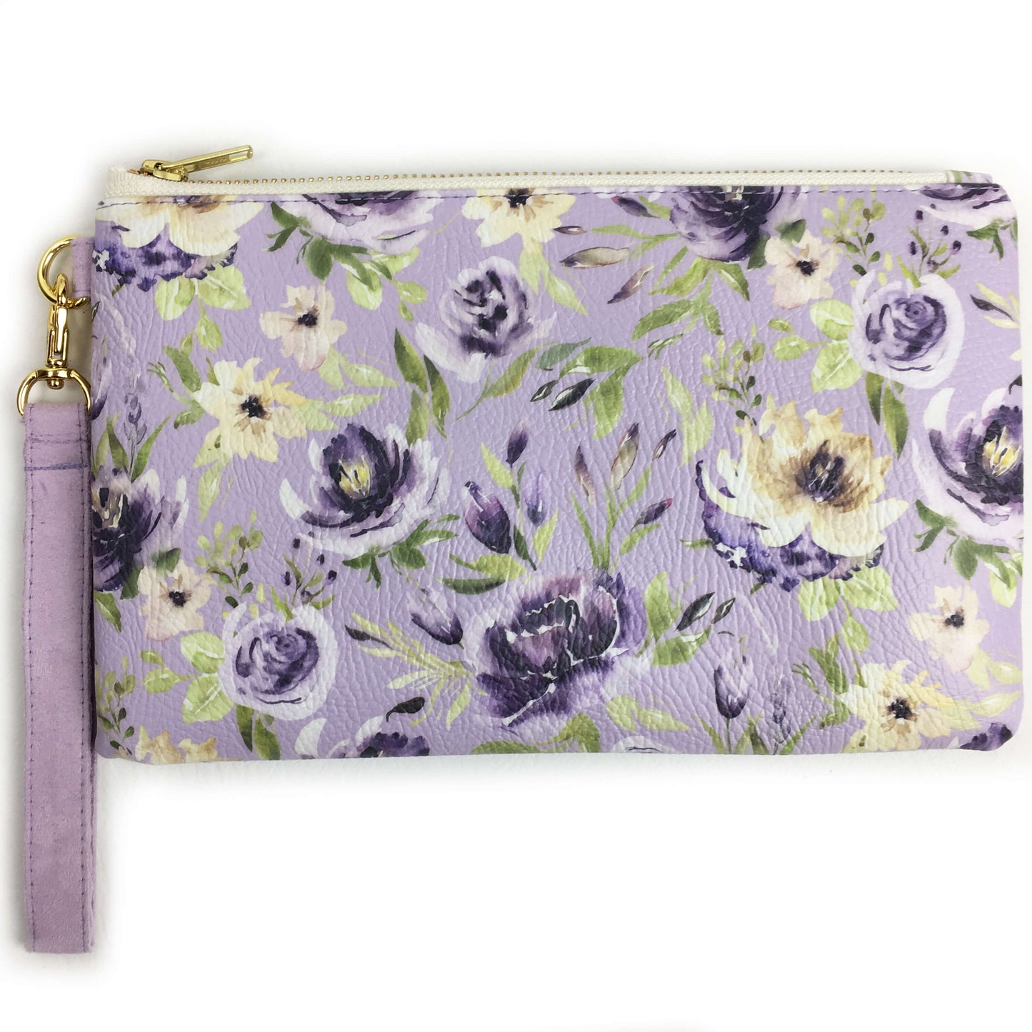 Watercolor mixed floral on lavender wristlet - vegan leather/suede - UndertheLeafDesigns.com