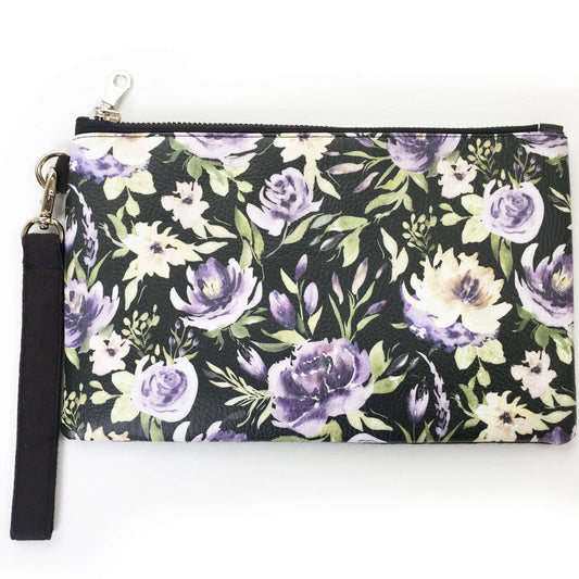 Watercolor mixed floral on black wristlet - vegan leather/suede - UndertheLeafDesigns.com