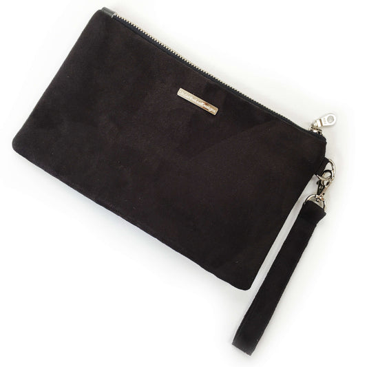 Purple watercolor tulips on black wristlet - vegan leather/suede - UndertheLeafDesigns.com