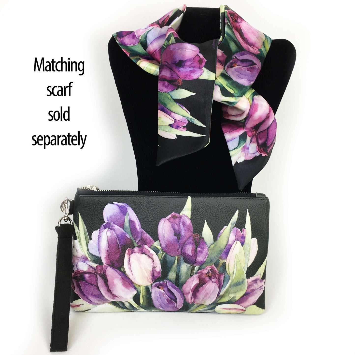 Purple watercolor tulips on black wristlet - vegan leather/suede - UndertheLeafDesigns.com