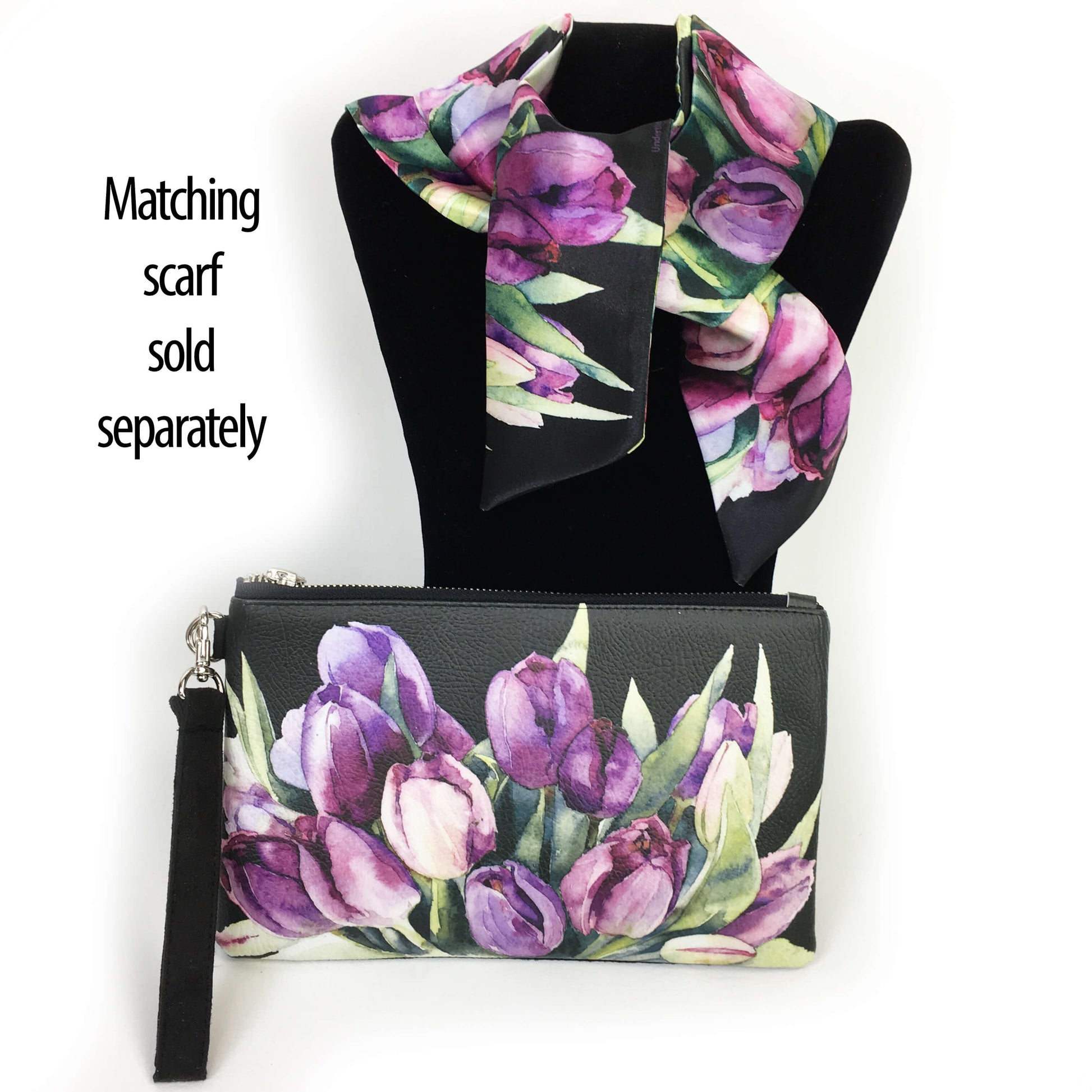 Purple watercolor tulips on black wristlet - vegan leather/suede - UndertheLeafDesigns.com