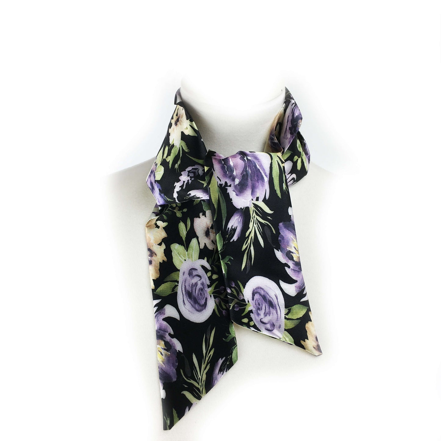 Watercolor mixed floral skinny scarf on black - UndertheLeafDesigns.com