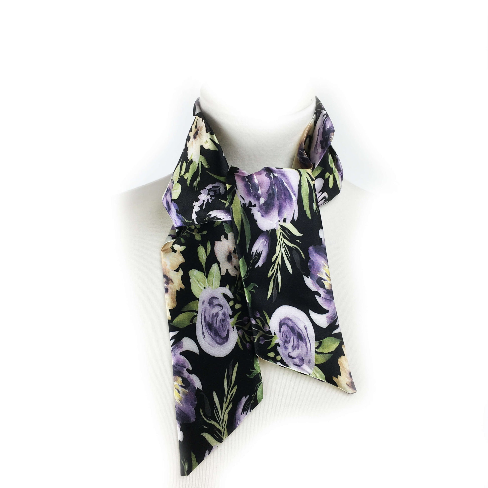 Watercolor mixed floral skinny scarf on black - UndertheLeafDesigns.com