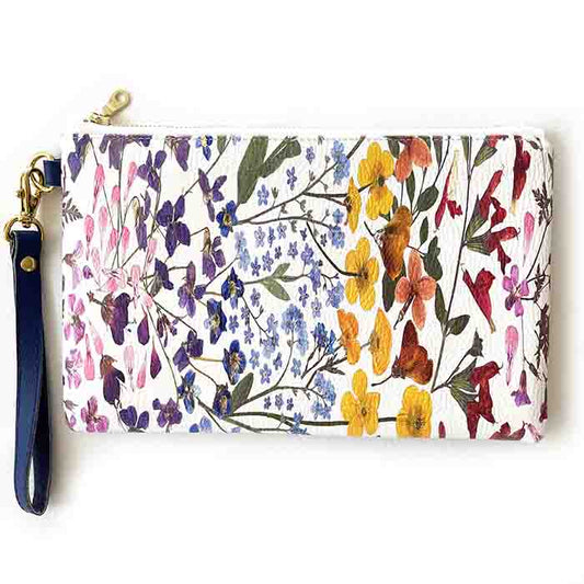 Vegan Leather Wristlet,Pressed Flowers on white Clutch,Ladies handbag, Botanical handbag,Flower handbag Floral bag,botanical,madeinUSA