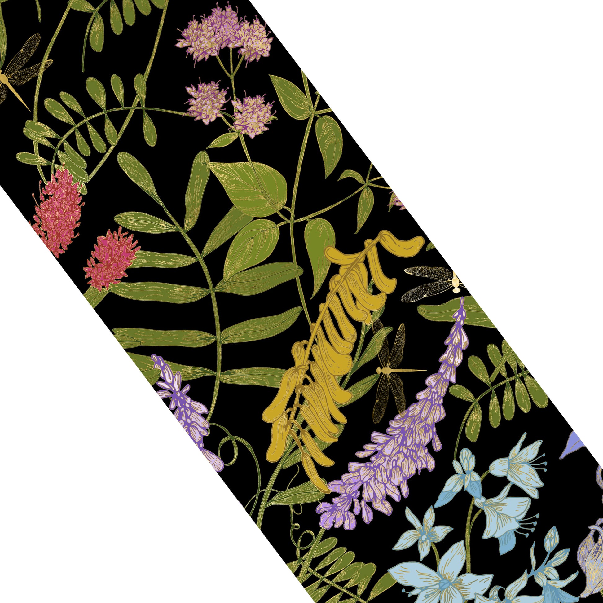 Wildflower garden with dragonflies skinny scarf on black - UndertheLeafDesigns.com