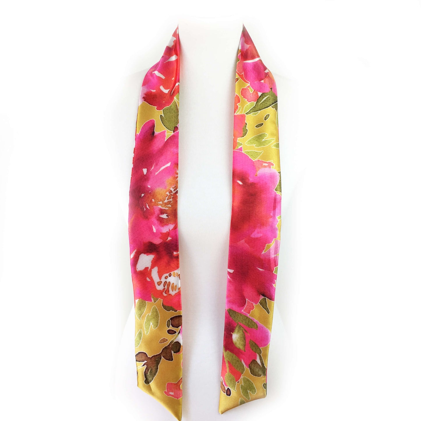 Petals Watercolor skinny scarf on mustard - UndertheLeafDesigns.com