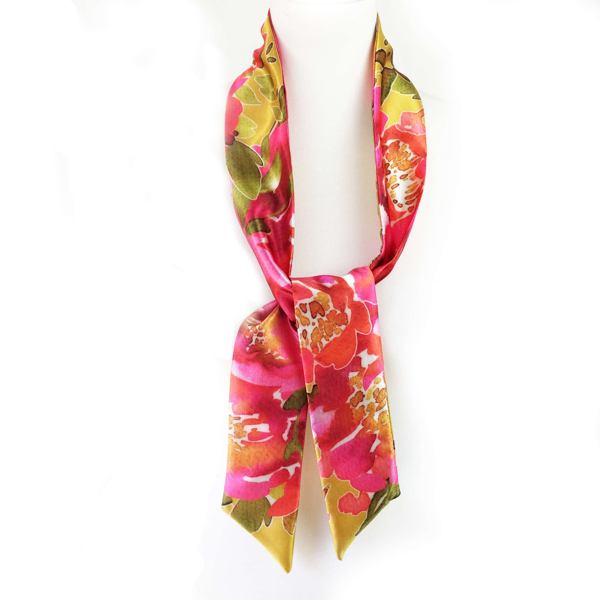 Petals Watercolor skinny scarf on mustard - UndertheLeafDesigns.com
