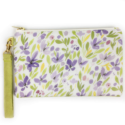 Spring Watercolor Floral wristlet - vegan leather/suede - UndertheLeafDesigns.com