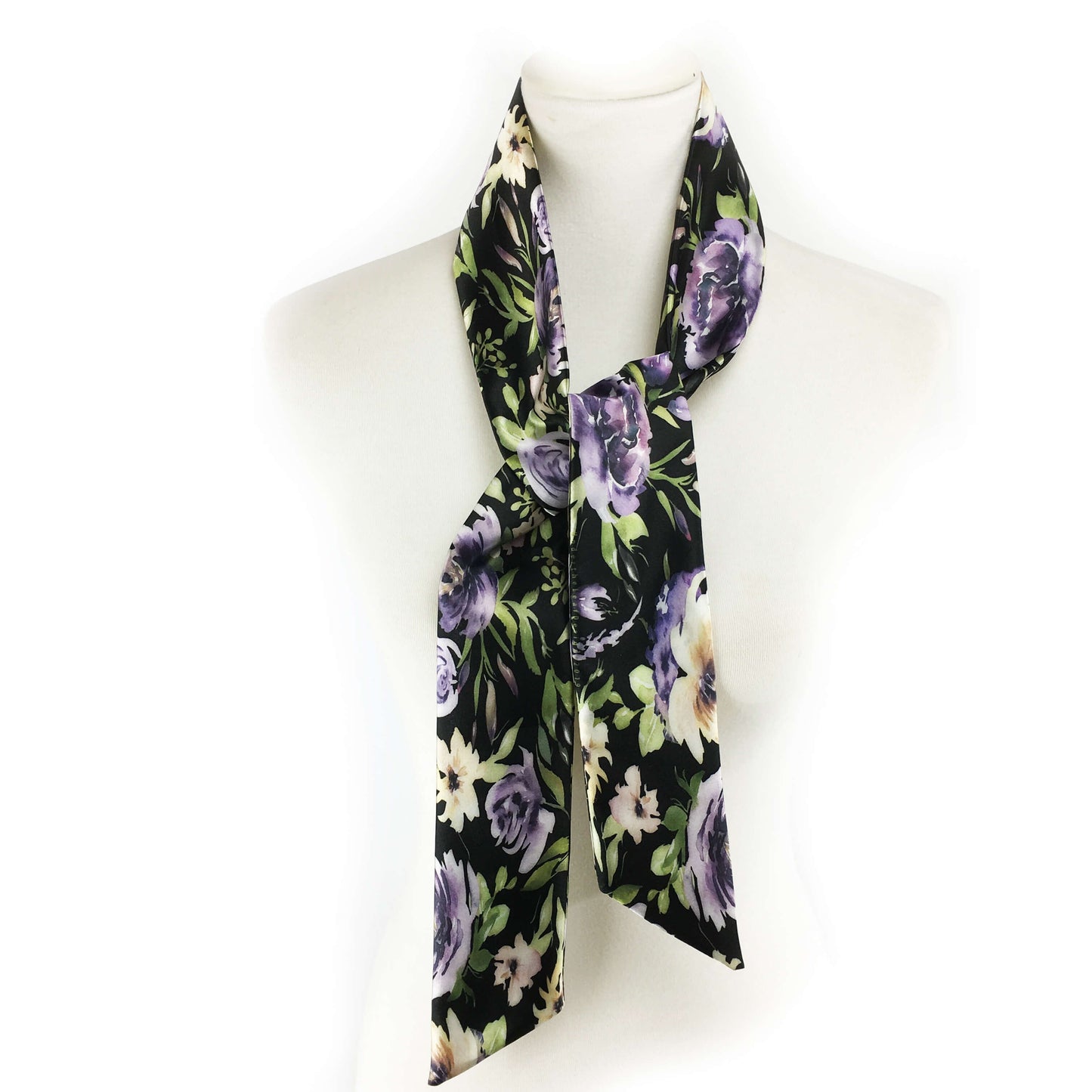 Watercolor mixed floral skinny scarf on black - UndertheLeafDesigns.com