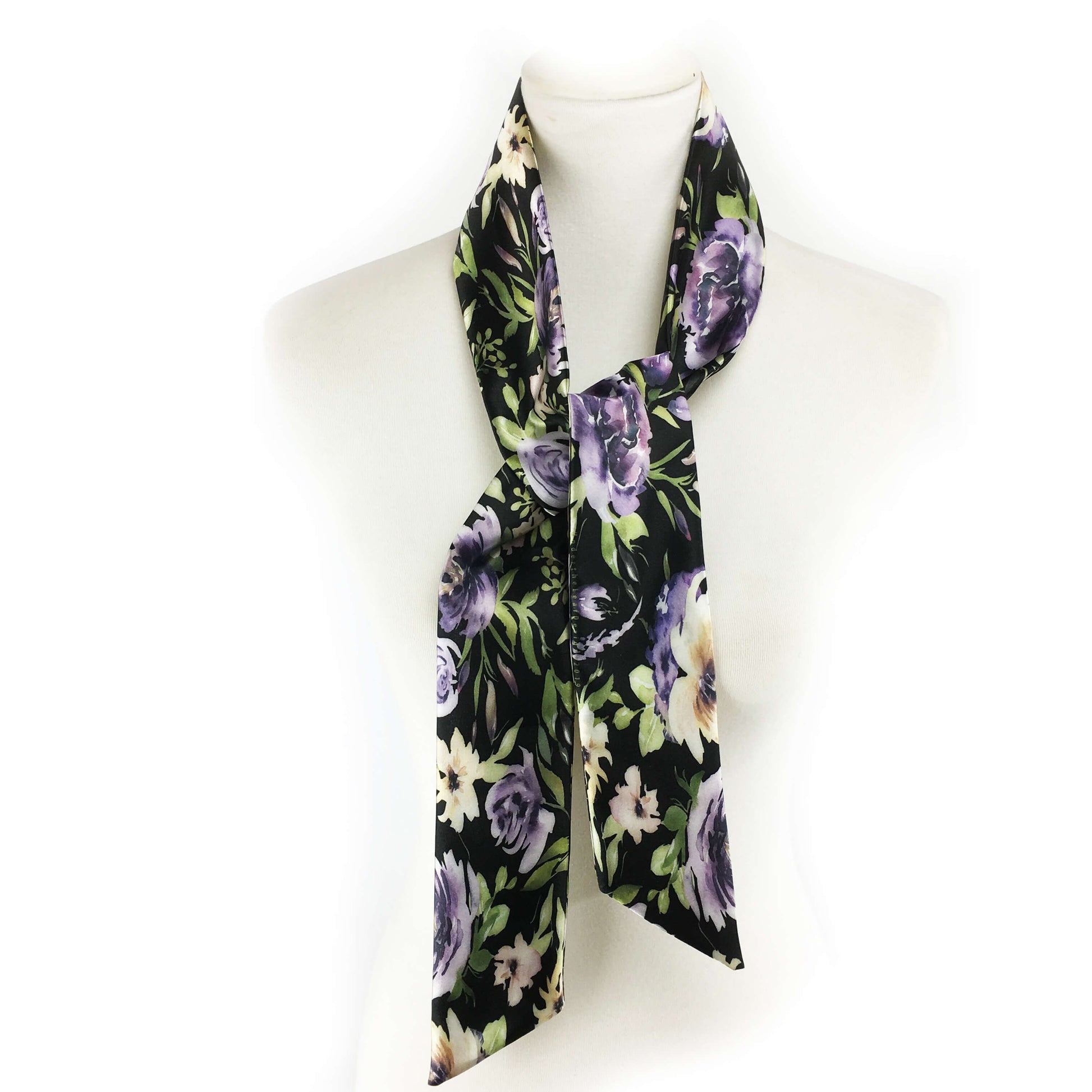 Watercolor mixed floral skinny scarf on black - UndertheLeafDesigns.com