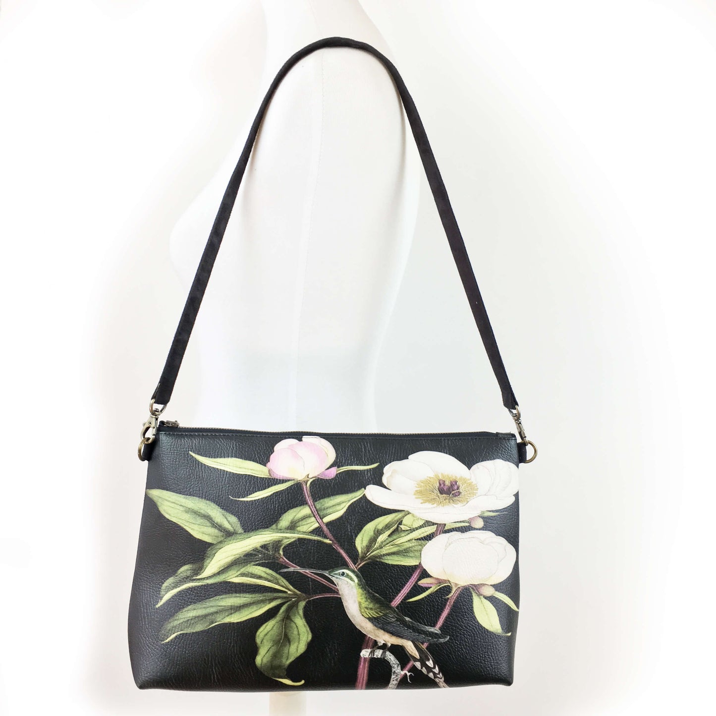 White Peonies and Hummingbird Zip Top Shoulder Bag - Vegan Leather/ Suede - UndertheLeafDesigns.com