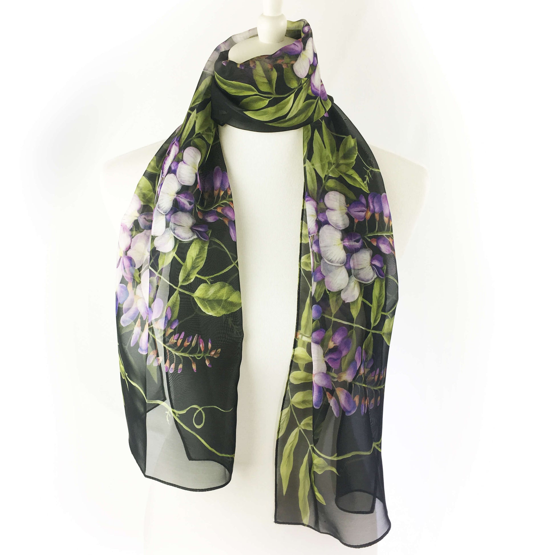 Wisteria floral chiffon scarf on black - UndertheLeafDesigns.com