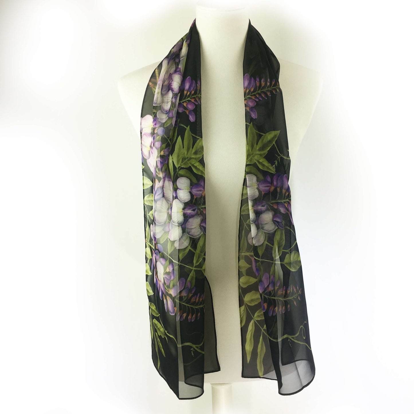 Wisteria floral chiffon scarf on black - UndertheLeafDesigns.com