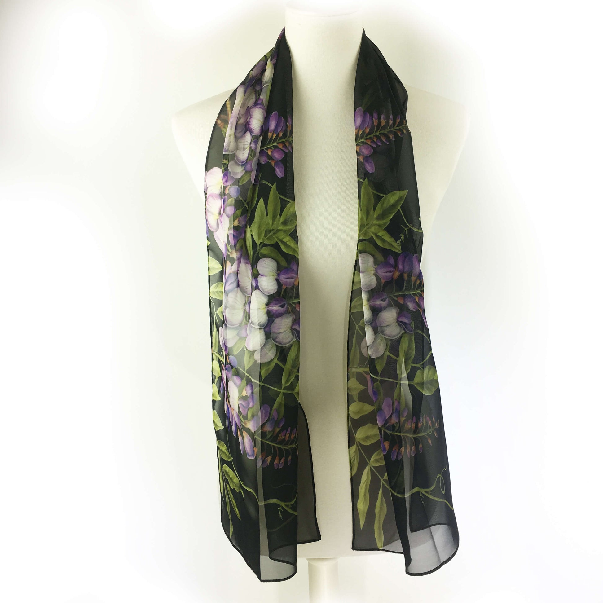 Wisteria floral chiffon scarf on black - UndertheLeafDesigns.com