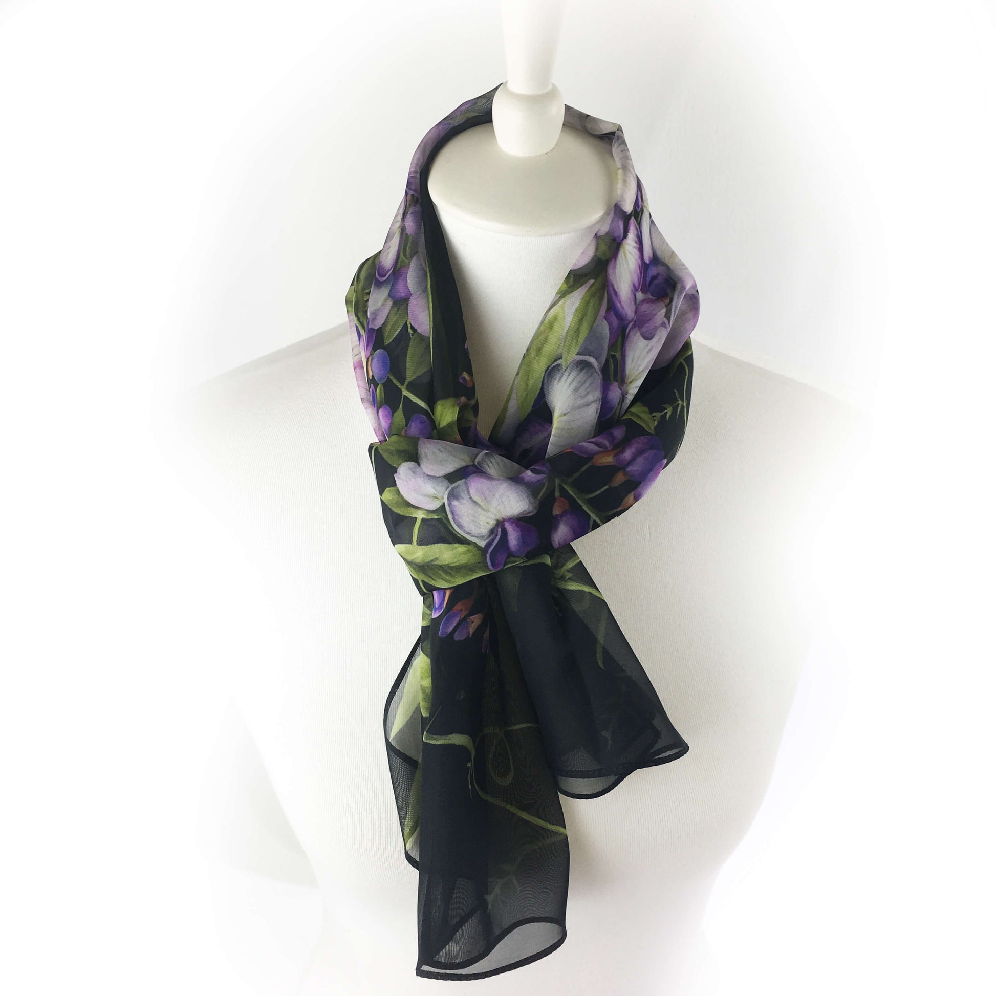 Wisteria floral chiffon scarf on black - UndertheLeafDesigns.com