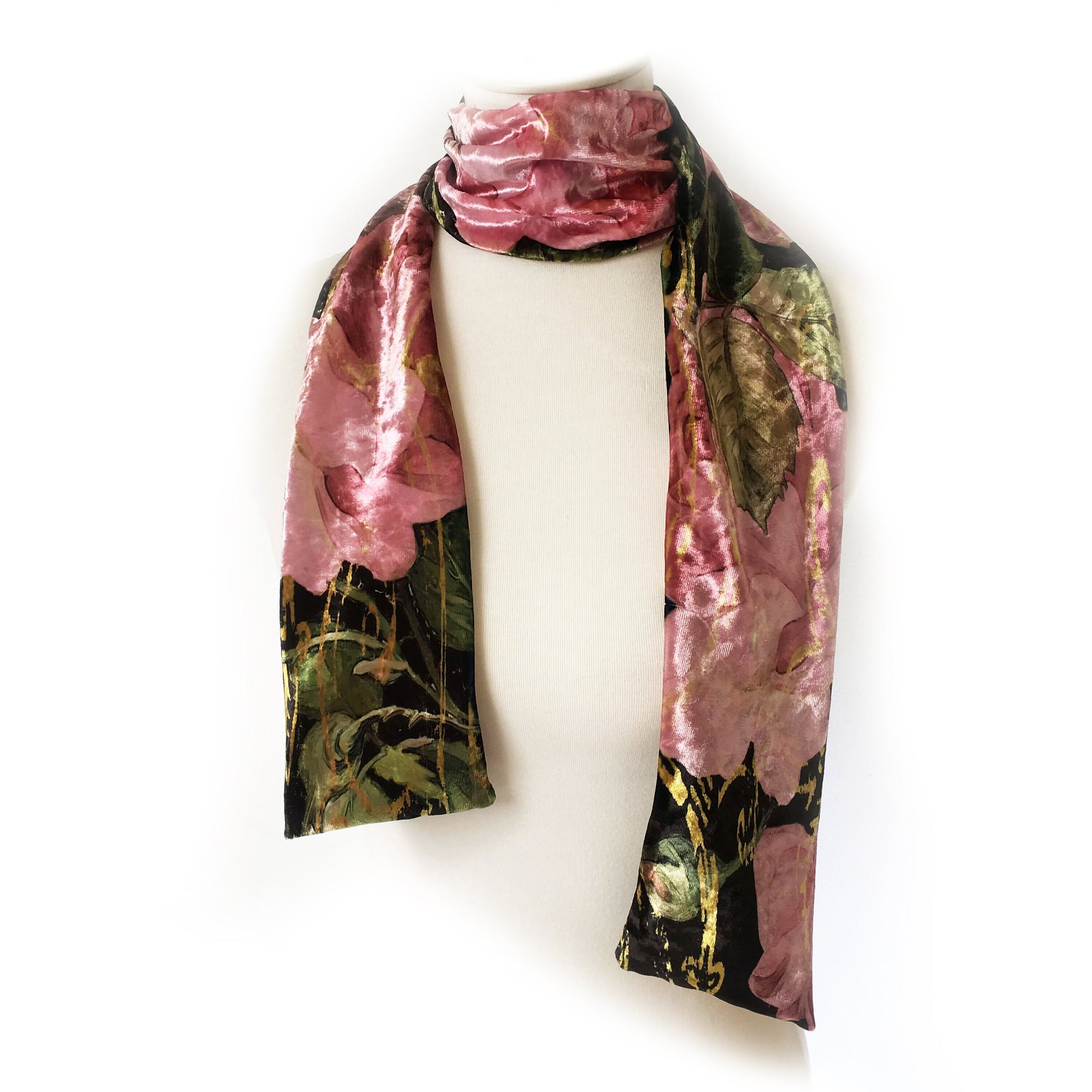 Pink Scroll Rose Scarf Velour Scarf, Womans Scarf, All season, Luminous Scarf, hand painted scarf, artist scarf, Wear all day or evening